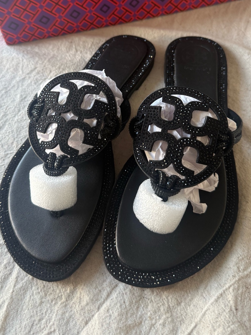 Tory Burch Black Crystal Logo Thong Sandals